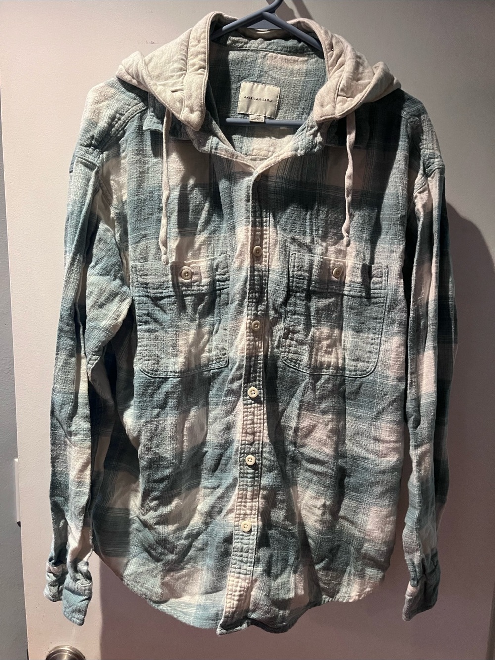 American Eagle Outfitters Plaid Hooded Button-Up Shirt Jacket in blues and cream